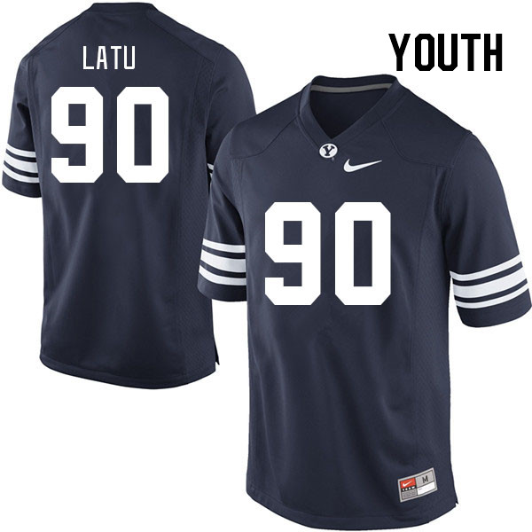 Youth #90 David Latu BYU Cougars College Football Jerseys Stitched Sale-Navy